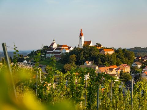 Ein malerisches Bergdorf mit einem markanten Kirchturm ist von üppigem Grün und Weinbergen umgeben. Die Szene spielt unter einem klaren Himmel mit sanftem Sonnenlicht, was eine friedliche und idyllische Atmosphäre schafft.