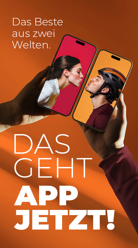 Zwei in Händen gehaltene Smartphones, eines zeigt eine Frau auf rotem Hintergrund und das andere einen Mann mit Helm auf orangefarbenem Hintergrund. Der deutsche Text lautet „Das Beste aus zwei Welten. Das geht App jetzt!“ vor orangefarbenem Hintergrund.