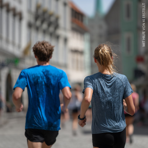 Zwei Personen in blauen Hemden joggen gemeinsam auf einer sonnigen Stadtstraße, von hinten gesehen. Andere Läufer und historische Gebäude sind im unscharfen Hintergrund zu sehen.