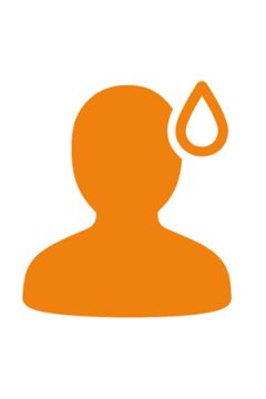 Orangefarbene Silhouette einer Person mit einer einzelnen Tropfenform in Kopfnähe auf hellgrauem Hintergrund, die auf Stress, Schwitzen oder Besorgnis hinweist.