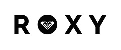 Logo mit dem Text „ROXY“ in Großbuchstaben. Links neben dem Text befindet sich ein kreisrundes Emblem mit einer stilisierten Herzform, die aus zwei gespiegelten Wellenelementen besteht. Das Design ist minimalistisch und monochrom.