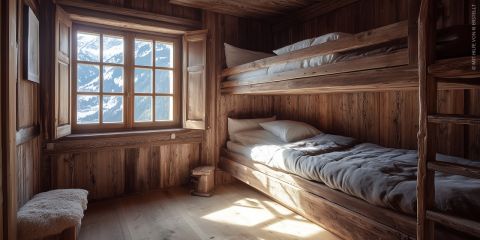 Ein gemütliches Schlafzimmer in einer Holzhütte mit Etagenbetten, flauschiger Bettwäsche und Sonnenlicht, das durch ein Fenster mit Blick auf schneebedeckte Berggipfel strömt. Das Zimmer strahlt mit seinen Wänden und Böden aus Naturholz eine warme, rustikale Atmosphäre aus.