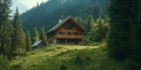 Eine Holzhütte, umgeben von üppigen grünen Bäumen und Gras, liegt auf einem sanften Hügel, mit bewaldeten Bergen im Hintergrund und einer Person, die auf die Hütte zugeht.