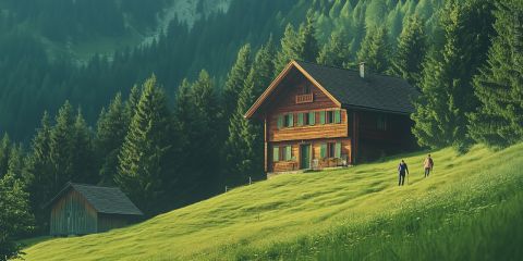 Eine Holzhütte steht auf einem grasbewachsenen Hügel, umgeben von dichten Kiefern. In der Nähe befindet sich ein kleinerer Schuppen. Zwei Menschen gehen in der Nähe der Hütte spazieren, die in sanftes Sonnenlicht getaucht ist. Im Hintergrund sind Berge zu sehen.