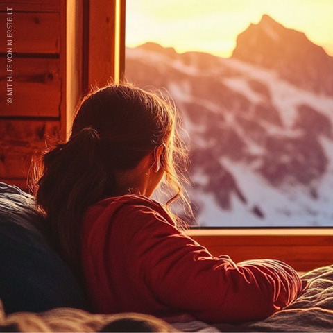 Eine Person mit langen Haaren sitzt auf einem Bett in einer Holzhütte und blickt aus dem Fenster auf schneebedeckte Berge, die in das warme Licht des Sonnenuntergangs getaucht sind.
