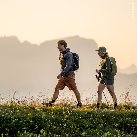 Zwei Menschen wandern mit Rucksäcken und Outdoor-Kleidung auf einem Graspfad mit Wildblumen und gehen bei Sonnenuntergang Seite an Seite vor einer dunstigen Berglandschaft.