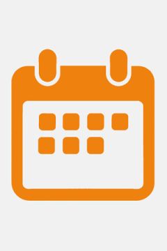 Orangefarbenes Kalendersymbol mit zwei Registerkarten und einem Gitter aus sechs Quadraten auf weißem Hintergrund, die Tage oder Daten darstellen.