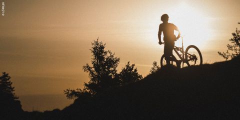 Silhouette einer Person mit Helm, die bei Sonnenuntergang mit einem Mountainbike auf einem Hügel steht, im Hintergrund Bäume und ein goldener Himmel.