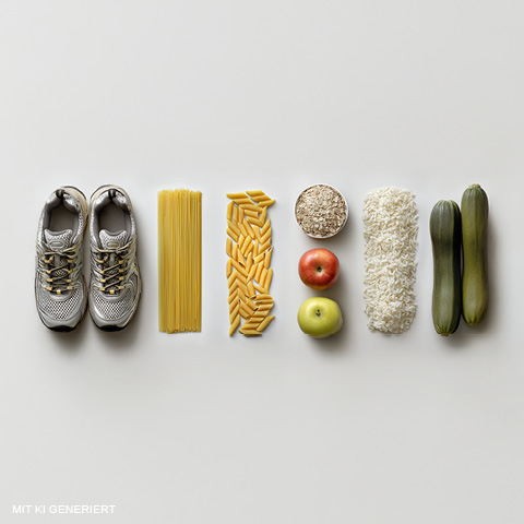 Ein Paar Laufschuhe, trockene Spaghetti, Penne-Nudeln, eine Schüssel Haferflocken, ein roter Apfel, ein grüner Apfel, ein Haufen Reis und zwei Zucchini sind ordentlich in einer Reihe auf einem weißen Hintergrund angeordnet.