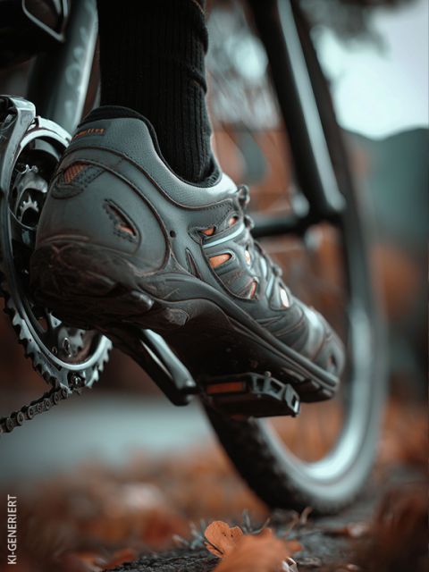 Eine Nahaufnahme des Fußes einer Person in einem Fahrradschuh auf einem Fahrradpedal, mit Herbstblättern und einer unscharfen Außenlandschaft im Hintergrund.