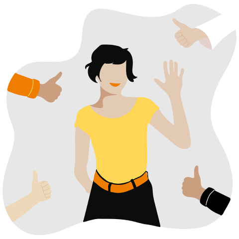 Eine Person mit kurzen dunklen Haaren, die ein gelbes Hemd und einen schwarzen Rock trägt, winkt und lächelt. Vier Hände um sie herum zeigen den Daumen nach oben, um Zustimmung oder Unterstützung zu signalisieren. Der Hintergrund ist hell und abstrakt.