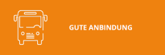 Weiße Strichzeichnung eines Busses auf orangefarbenem Hintergrund mit dem deutschen Text "GUTE ANBINDUNG" in fetten weißen Buchstaben rechts neben dem Bus.