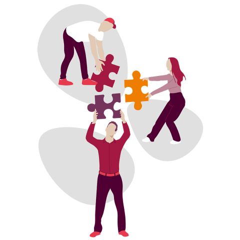 Drei Personen arbeiten zusammen, um große, farbenfrohe Puzzleteile zusammenzusetzen. Jede Person hält ein eigenes Teil und arbeitet als Team, um das Puzzle zu vervollständigen. Der Hintergrund ist einfach und abstrakt.