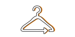 Eine einfache Grafik eines Kleiderbügels mit einem nach rechts zeigenden Pfeil, umrandet in Schwarz und Orange, auf weißem Hintergrund.