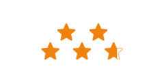 Fünf orangefarbene Sterne sind in einer Reihe angeordnet, wobei der letzte Stern teilweise leer ist, was eine Bewertung von 4,5 von 5 Punkten anzeigt.