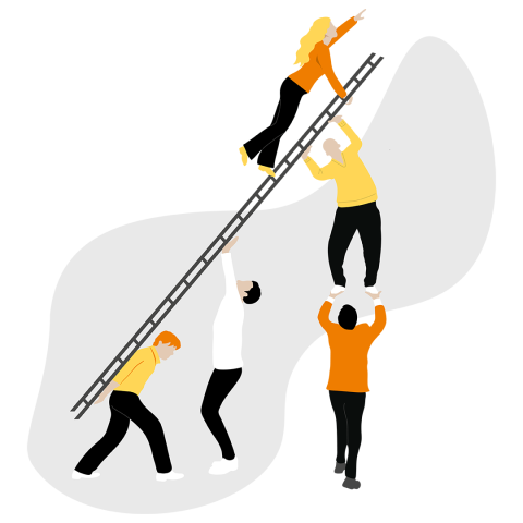 Eine Illustration von vier Personen, die zusammenarbeiten, um eine Leiter stabil zu halten, während eine Frau nach oben klettert und nach vorne zeigt, um Teamarbeit und Unterstützung zu symbolisieren.