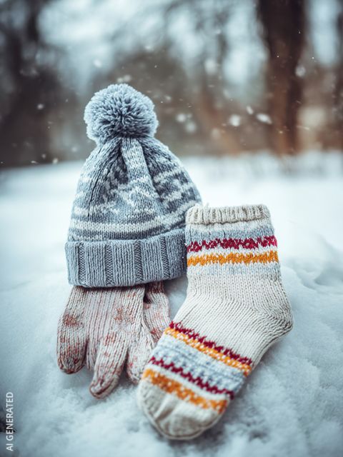 Eine blaue Strickmütze, gestreifte Socken und rosafarbene Handschuhe liegen auf dem Schnee vor einer verschwommenen Winterlandschaft im Hintergrund.