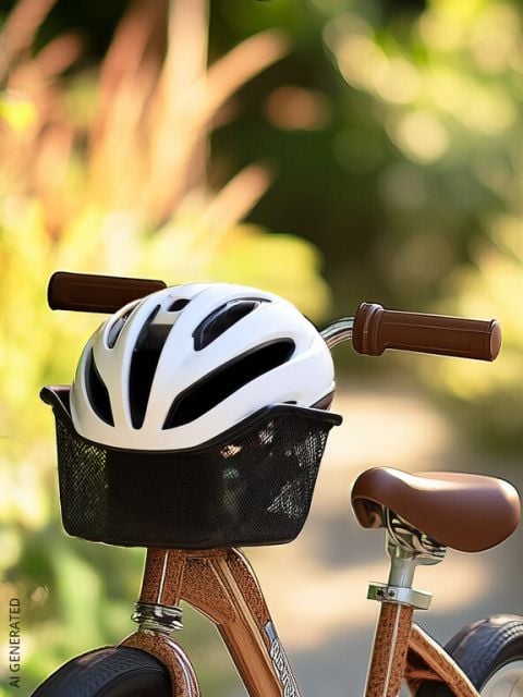 Ein weißer Fahrradhelm sitzt im schwarzen Korb eines braunen Kinderfahrrads, mit unscharfem Grün im Hintergrund.