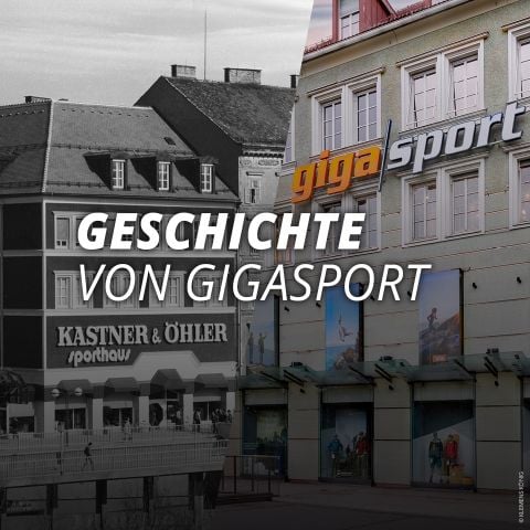 Historische und moderne Ansicht eines Gigasport-Geschäftsgebäudes mit dem Text "Geschichte von Gigasport" in fetten weißen Buchstaben überlagert.
