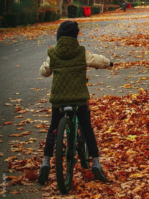 Vier Kinder mit Helmen und Winterjacken fahren auf Fahrrädern einen verschneiten Waldweg entlang, umgeben von hohen immergrünen Bäumen und leichten Schneeflecken auf dem Boden.
