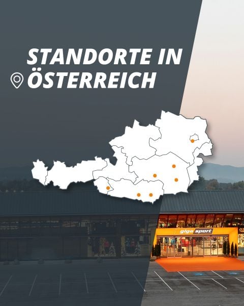Karte von Österreich mit markierten Standorten, überlagert auf der Außenansicht eines Geschäfts, mit dem Text „Standorte in Österreich“ oben links.